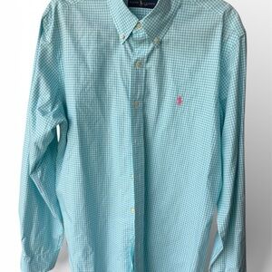 Ralph Lauren Polo Men's Aqua Checkered Button Down Long Sleeve Shirt L EUC